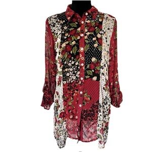 HOPE SPRINGS Tunic Blouse Patchwork Top  Floral Sheer Long Sleeve Size M